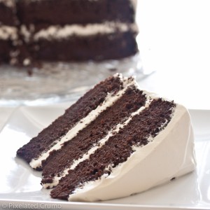 three tiered chocolate cake with white frosting