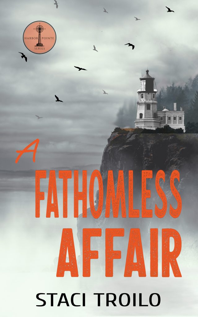 A Fathomless Affair cover (lighthouse and keeper's cottage on cliffs overlooking Pacific Ocean)